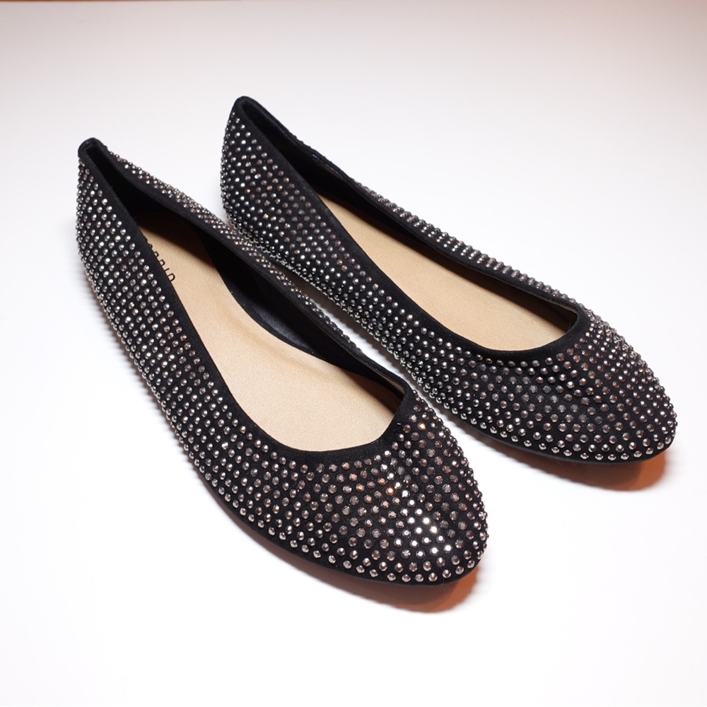 Torrid Size 10.5W Black Allover Studded Faux Suede Ballet Flats Silver tone